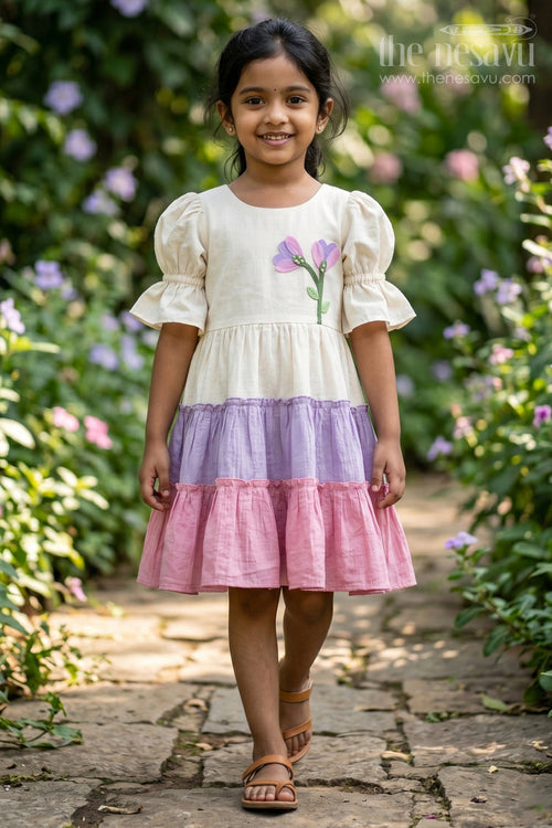 The Nesavu Girls Cotton Frock Baby Girl Frock for Playful Outings and Casual Day Wear Nesavu 20 (3Y) / Half white / Cotton GFC2233A-20 Nesavu Baby Girl Cotton Blend Frock For Playful Outings And Casual Wear With Layered Color Block Design
