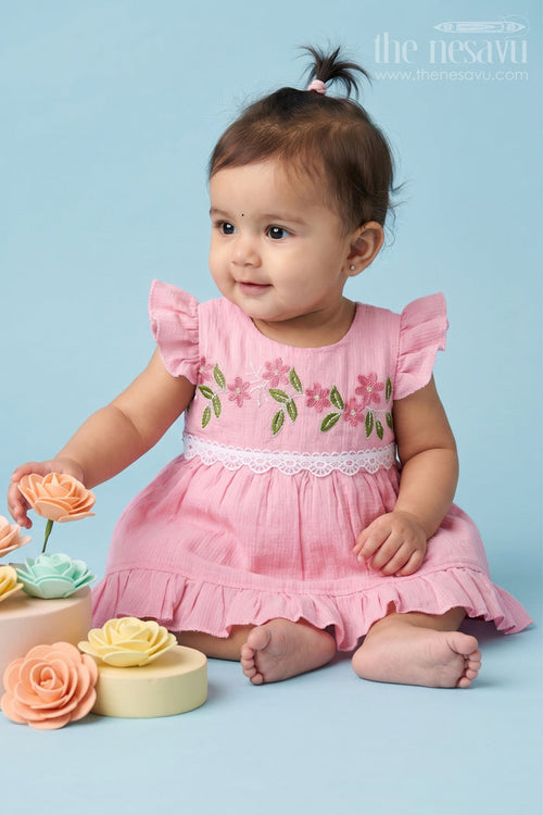 The Nesavu Baby Cotton Frocks Baby Girl Frock for Summer Outings and Casual Wear Nesavu 14 (6M) / Pink / Cotton BFJ1002A-14 Nesavu Baby Girl Cotton Frock For Summer Outings And Casual Wear With Floral Embroidery And Frill Hem