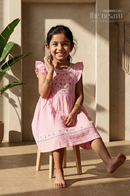 The Nesavu Girls Cotton Frock Baby Girl Frock for Summer Outings and Family Gatherings Nesavu 16 (1Y) / Yellow / Muslin Cotton GFC2140A-16 Nesavu baby girl muslin cotton frock for summer outings and casual wear with thread embroidery