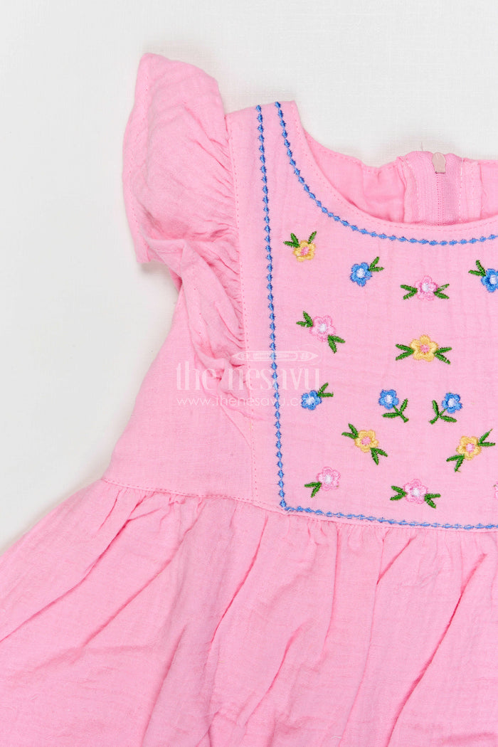 The Nesavu Girls Cotton Frock Baby Girl Frock for Summer Outings and Family Gatherings Nesavu Nesavu baby girl muslin cotton frock for summer outings and casual wear with thread embroidery
