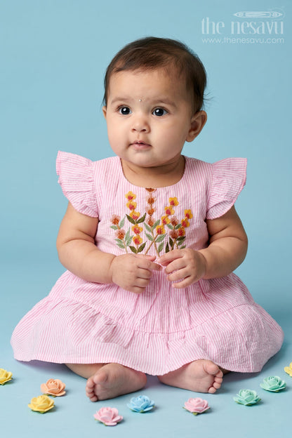 The Nesavu Baby Cotton Frocks Baby Girl Frock for Summer Wear and Everyday Comfort Nesavu 14 (6M) / Blue / Seer Sucker BFJ1003B-14 Nesavu Baby Girl Sheer Cotton Frock For Summer Wear With Embroidery And Tiered Flare Everyday Dress