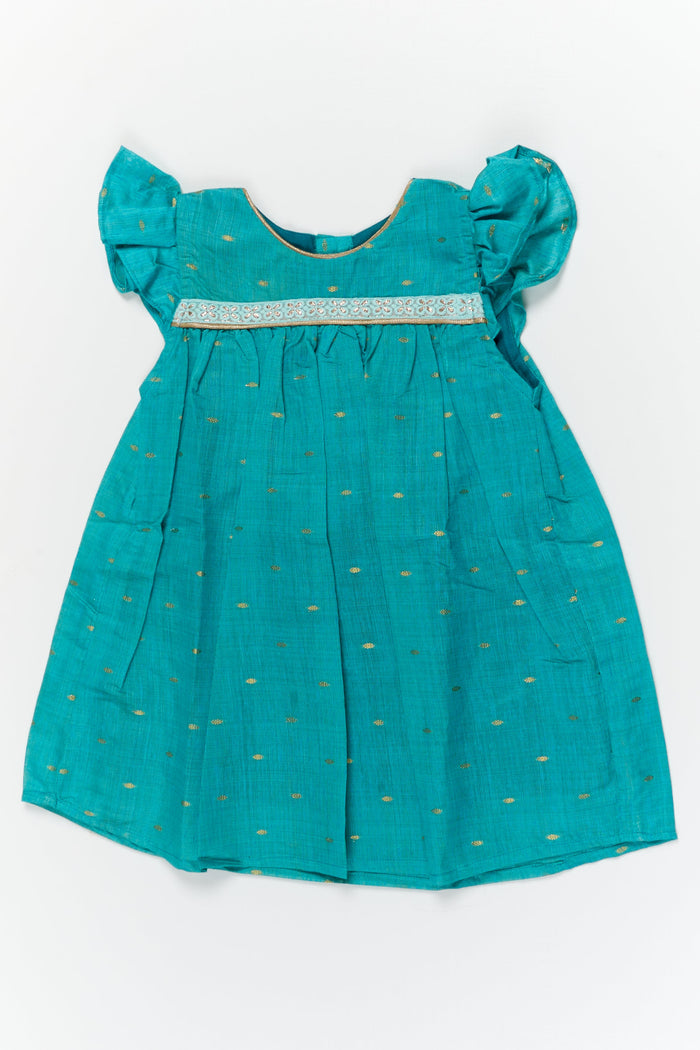 The Nesavu Girls Chanderi Frock Baby Girl Frock for Temple Visits and Traditional Gatherings Nesavu 16 (1Y) / Blue / Viscose Silk GFC2100C-16 Nesavu baby girl viscose silk frock with butti work for temple visits and traditional gatherings