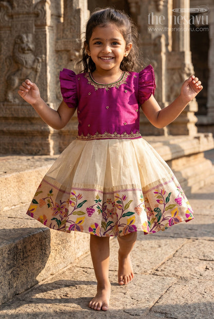 The Nesavu Silk Frock Baby Girl Frock for Traditional Functions and Family Gatherings Nesavu 16 (1Y) / Purple / Silk Blend SF1120A-16 Nesavu baby girl frock for traditional functions with zari border and puff sleeves