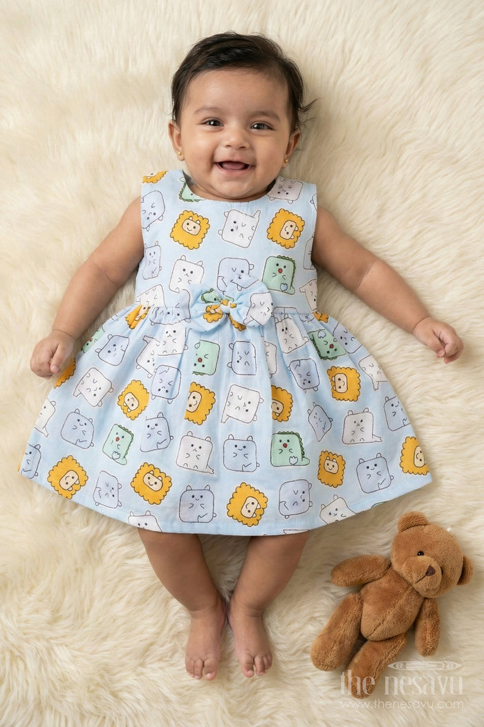 The Nesavu Baby Cotton Frocks Baby Girl Frock with Animal Face Digital Print for Daycare and Casual Wear Nesavu 14 (6M) / Blue / Cotton BFJ895B-14 Nesavu baby girl cotton frock with digital animal face print and bow for daycare and everyday comfort