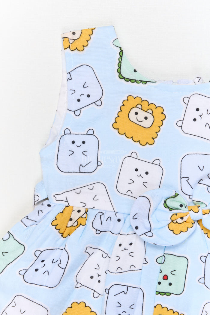 The Nesavu Baby Cotton Frocks Baby Girl Frock with Animal Face Digital Print for Daycare and Casual Wear Nesavu Nesavu baby girl cotton frock with digital animal face print and bow for daycare and everyday comfort