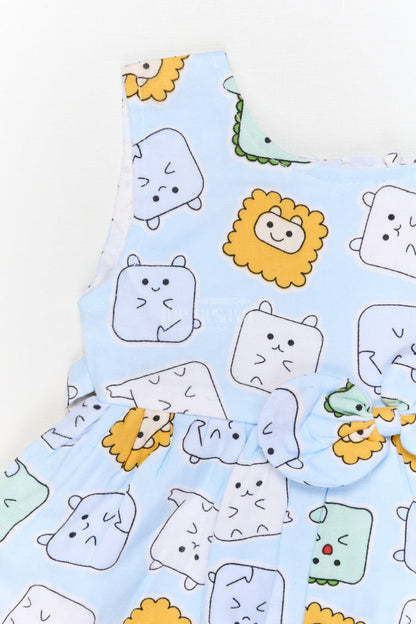 The Nesavu Baby Cotton Frocks Baby Girl Frock with Animal Face Digital Print for Daycare and Casual Wear Nesavu Nesavu baby girl cotton frock with digital animal face print and bow for daycare and everyday comfort