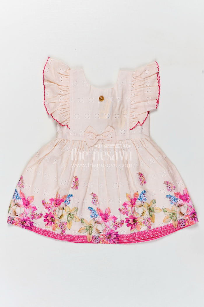 The Nesavu Baby Cotton Frocks Baby Girl Frock with Flutter Sleeves and Bow in Floral Printed Hakoba Cotton for Everyday Comfort Nesavu 14 (6M) / Pink BFJ807A-14 Nesavu Baby Girl Cotton Frock Flutter Sleeves Bow Floral Print Hakoba Fabric