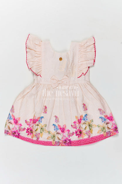 The Nesavu Baby Cotton Frocks Baby Girl Frock with Flutter Sleeves and Bow in Floral Printed Hakoba Cotton for Everyday Comfort Nesavu 14 (6M) / Pink BFJ807A-14 Nesavu Baby Girl Cotton Frock Flutter Sleeves Bow Floral Print Hakoba Fabric