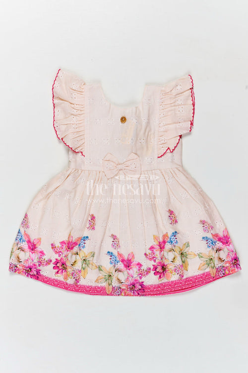 The Nesavu Baby Cotton Frocks Baby Girl Frock with Flutter Sleeves and Bow in Floral Printed Hakoba Cotton for Everyday Comfort Nesavu 14 (6M) / Pink BFJ807A-14 Nesavu Baby Girl Cotton Frock Flutter Sleeves Bow Floral Print Hakoba Fabric