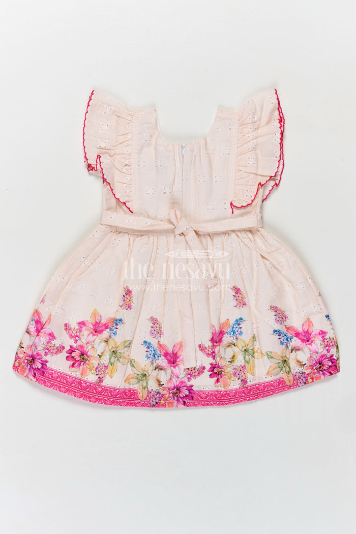 The Nesavu Baby Cotton Frocks Baby Girl Frock with Flutter Sleeves and Bow in Floral Printed Hakoba Cotton for Everyday Comfort Nesavu Nesavu Baby Girl Cotton Frock Flutter Sleeves Bow Floral Print Hakoba Fabric