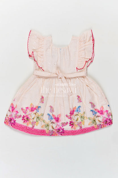 The Nesavu Baby Cotton Frocks Baby Girl Frock with Flutter Sleeves and Bow in Floral Printed Hakoba Cotton for Everyday Comfort Nesavu Nesavu Baby Girl Cotton Frock Flutter Sleeves Bow Floral Print Hakoba Fabric