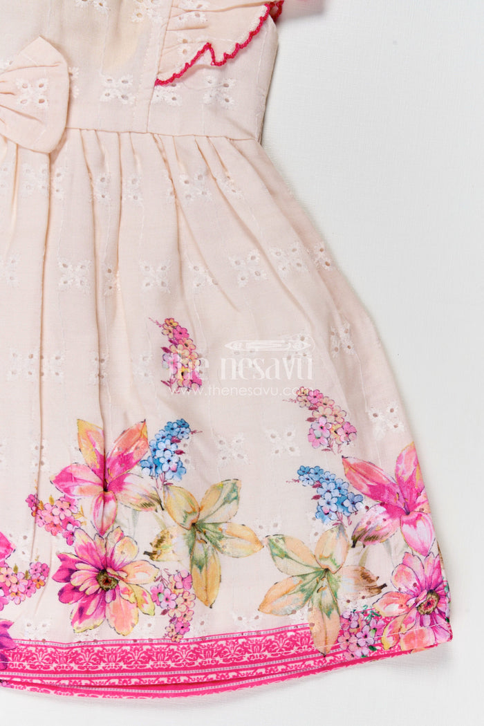 The Nesavu Baby Cotton Frocks Baby Girl Frock with Flutter Sleeves and Bow in Floral Printed Hakoba Cotton for Everyday Comfort Nesavu Nesavu Baby Girl Cotton Frock Flutter Sleeves Bow Floral Print Hakoba Fabric