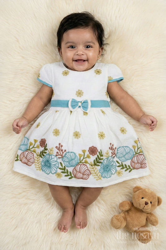 The Nesavu Girls Cotton Frock Baby Girl Frock with Thread Embroidery for Festive Daywear Nesavu 14 (6M) / White / Cotton BFJ919B-14 Nesavu baby girl cotton frock with full floral thread embroidery and comfort fit