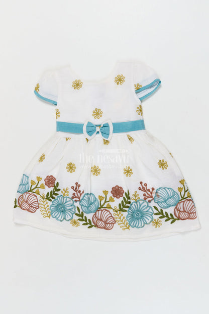 The Nesavu Girls Cotton Frock Baby Girl Frock with Thread Embroidery for Festive Daywear Nesavu 14 (6M) / White / Cotton BFJ919B-14 Nesavu baby girl cotton frock with full floral thread embroidery and comfort fit
