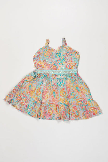 The Nesavu Girls Cotton Frock Baby Girl Frock with Traditional Paisley Print for Ethnic Functions Nesavu 18 (2Y) / Multicolor GFC2021A-18 Nesavu baby girl ethnic frock with paisley digital print and strappy shoulders