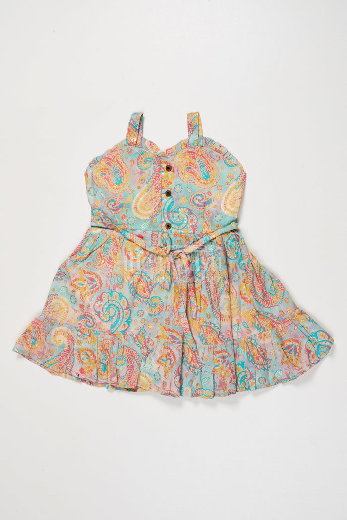 The Nesavu Girls Cotton Frock Baby Girl Frock with Traditional Paisley Print for Ethnic Functions Nesavu Nesavu baby girl ethnic frock with paisley digital print and strappy shoulders