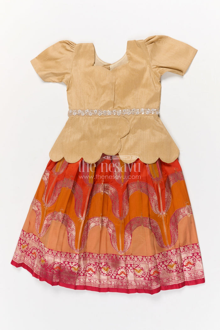 The Nesavu Pattu Pavadai Baby Girl Jacquard Pattu Pavadai Set for Festivals and Temple Wear Nesavu 18 (2Y) / Gold / Silk Blend GPP357A-18 Nesavu baby girl jacquard pattu pavadai with scalloped blouse for temple festivals and weddings