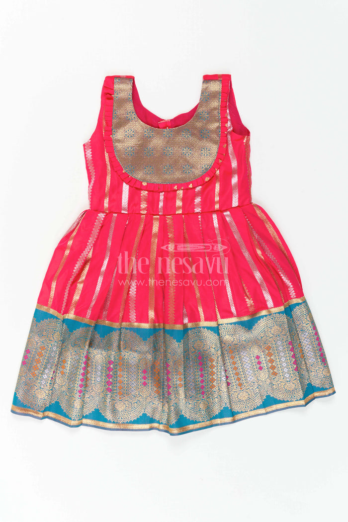 The Nesavu Girls Kanchi Silk Frock Baby Girl Kanchi Silk Frock for Festive Functions and Weddings Nesavu 24 (5Y) / Red / Style 1 KSF046DA-24 Nesavu Baby Girl Kanchi Silk Frock With Woven Stripes And Big Border For Festive Occasions