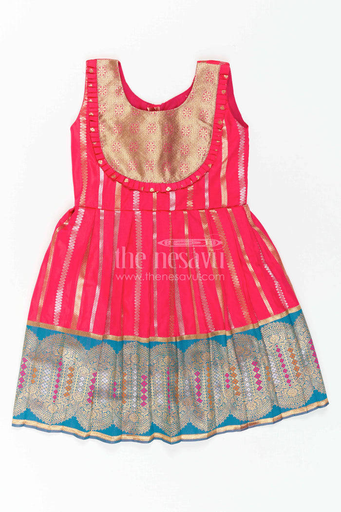 The Nesavu Girls Kanchi Silk Frock Baby Girl Kanchi Silk Frock for Festive Functions and Weddings Nesavu 24 (5Y) / Red / Style 2 KSF046DB-24 Nesavu Baby Girl Kanchi Silk Frock With Woven Stripes And Big Border For Festive Occasions