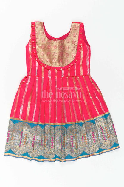 The Nesavu Girls Kanchi Silk Frock Baby Girl Kanchi Silk Frock for Festive Functions and Weddings Nesavu 24 (5Y) / Red / Style 2 KSF046DB-24 Nesavu Baby Girl Kanchi Silk Frock With Woven Stripes And Big Border For Festive Occasions