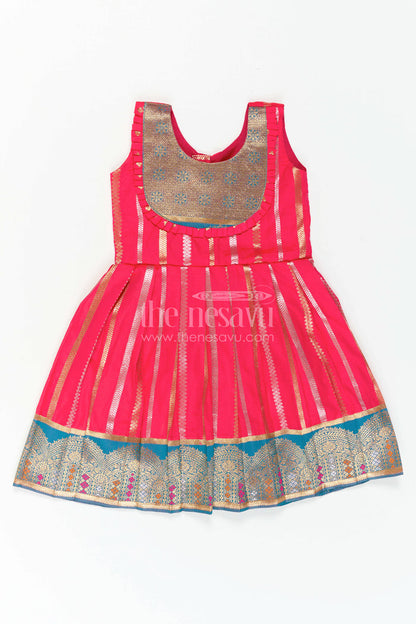 The Nesavu Girls Kanchi Silk Frock Baby Girl Kanchi Silk Frock for Festive Functions and Weddings Nesavu 20 (3Y) / Red / Style 3 KSF046DC-20 Nesavu Baby Girl Kanchi Silk Frock With Woven Stripes And Big Border For Festive Occasions