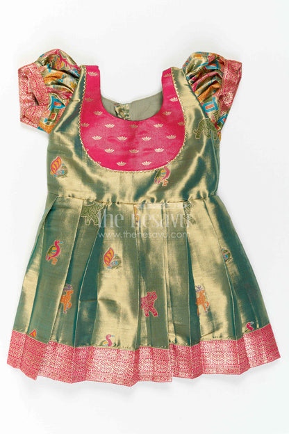 The Nesavu Girls Kanchi Silk Frock Baby Girl Kanchi Silk Frock for Festive Occasions and Weddings Nesavu 16 (1Y) / Green / Style 4 KSF050BD-16 Nesavu Baby Girl Kanchi Silk Frock With Woven Motifs And Festive Small Border Design