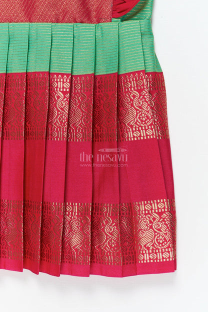The Nesavu Girls Kanchi Silk Frock Baby Girl Kanchi Silk Frock for Temple Visits and Festive Family Occasions Nesavu Nesavu baby girl Kanchi silk frock for temple functions, festive days, and traditional ceremonies