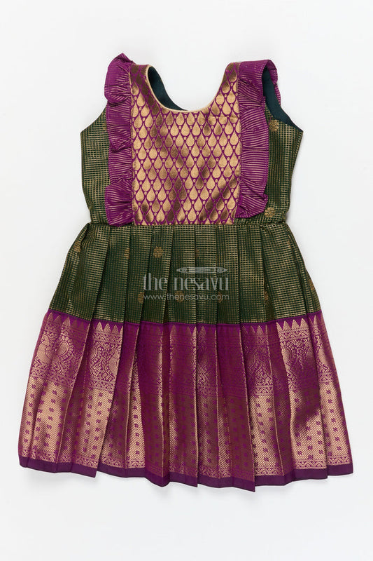 The Nesavu Girls Kanchi Silk Frock Baby Girl Kanchi Silk Frock for Traditional Functions and Temple Visits Nesavu 18 (2Y) / Green / Style 1 KSF006AA-18 Nesavu baby girl Kanchi silk frock for weddings, festivals, and traditional celebrations