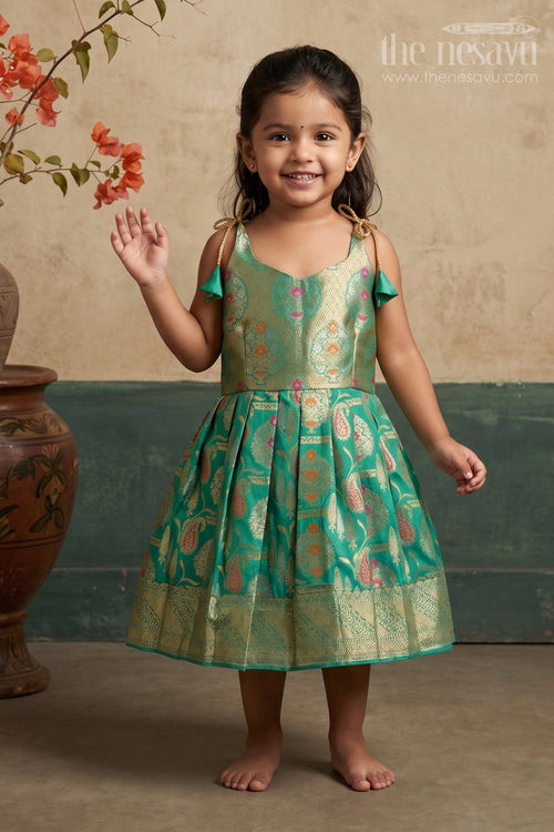 The Nesavu Girls Kanchi Silk Frock Baby Girl Kanchi Silk Frock for Weddings and Festive Occasions Nesavu 22 (4Y) / Green / Style 1 KSF041CA-22 Nesavu Baby Girl Kanchi Silk Frock With Big Border Design For Weddings And Festive Celebrations