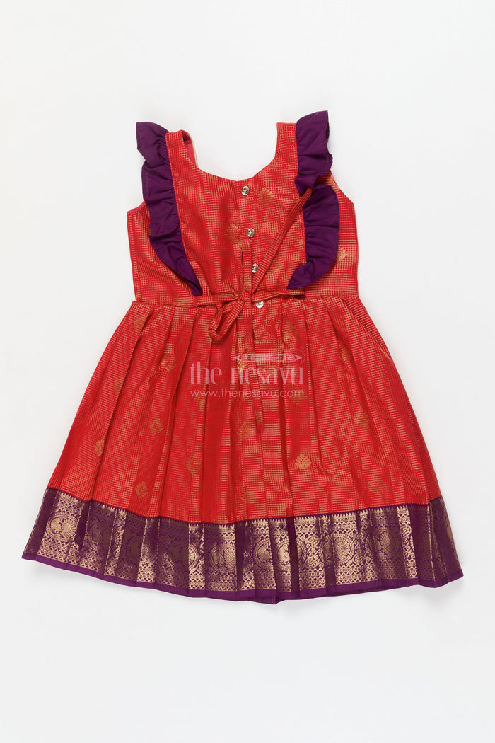 The Nesavu Girls Kanchi Silk Frock Baby Girl Kanchi Silk Frock for Weddings and Traditional Photo Shoots Nesavu Nesavu baby girl Kanchi silk frock for weddings, poojas, and traditional photo-ready celebrations