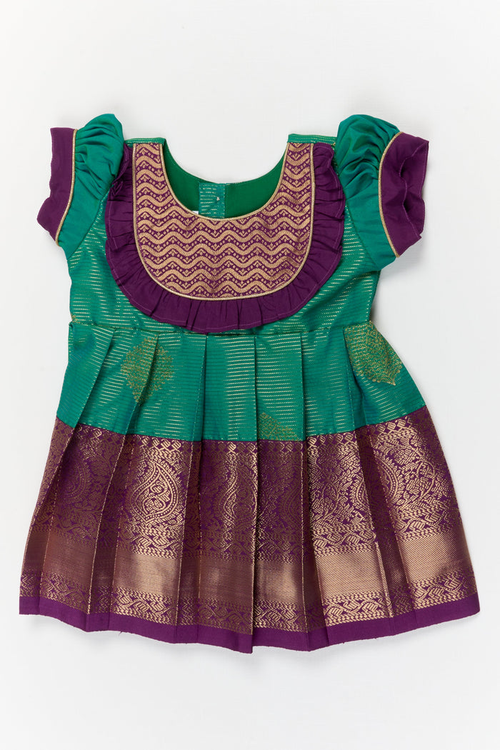 The Nesavu Girls Kanchi Silk Frock Baby Girl Kanchipuram Silk Frock for Weddings and Traditional Photoshoots Nesavu 10 (NB) / Green / Style 2 KSF056AB-10 Nesavu baby girl kanchipuram silk frock with zari border for weddings and traditional functions
