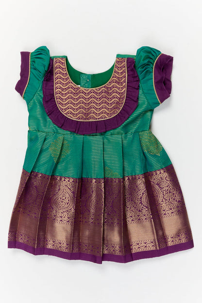 The Nesavu Girls Kanchi Silk Frock Baby Girl Kanchipuram Silk Frock for Weddings and Traditional Photoshoots Nesavu 10 (NB) / Green / Style 2 KSF056AB-10 Nesavu baby girl kanchipuram silk frock with zari border for weddings and traditional functions
