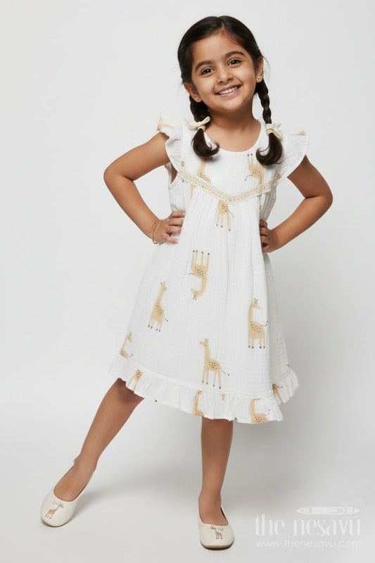 The Nesavu Girls Cotton Frock Baby Girl Muslin Cotton Frock with Giraffe Print for Casual Outings and Playdates Nesavu 18 (2Y) / Half white GFC2033A-18 Nesavu baby girl muslin cotton frock with giraffe print for everyday wear and outings