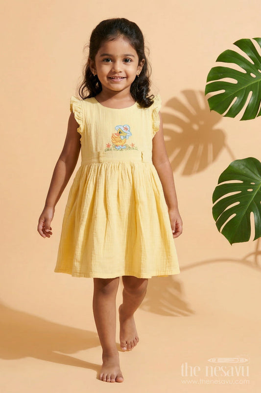 The Nesavu Girls Cotton Frock Baby Girl Muslin Frock with Embroidery for Everyday Cuteness and Gifting Nesavu 20 (3Y) / Yellow / Cotton GFC2106A-20 Nesavu baby girl muslin cotton frock with embroidery and headband for playdates and casual wear