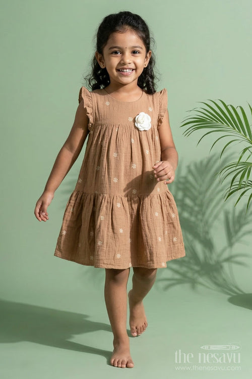 The Nesavu Girls Cotton Frock Baby Girl Muslin Frock with Embroidery for Gifting and Everyday Wear Nesavu 20 (3Y) / Beige / Muslin Cotton GFC2111A-20 Nesavu baby girl muslin cotton frock with embroidery – perfect for everyday comfort and gifting