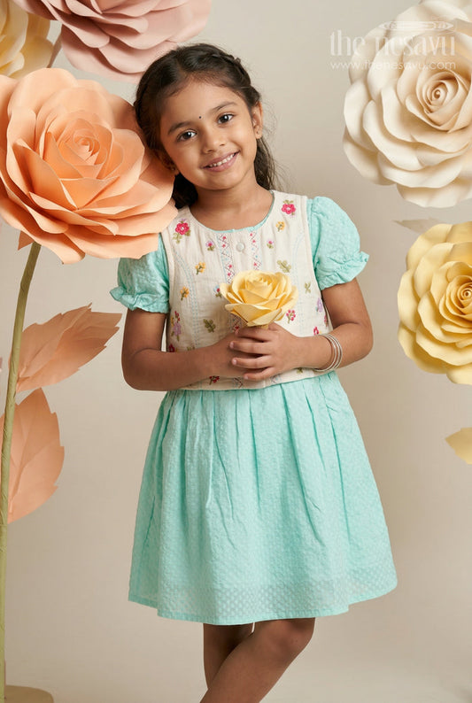 The Nesavu Girls Cotton Frock Baby Girl Outfit with Embroidered Jacket for Festive Wear and Outings Nesavu 20 (3Y) / Green / Cotton GFC2185B-20 Nesavu Baby Girl Outfit With Embroidered Jacket For Festive Wear And Outings In Soft Cotton Comfort