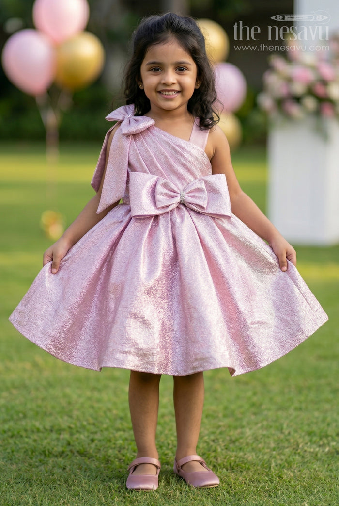 The Nesavu Girls Fancy Party Frock Baby Girl Party Dress for Birthdays and Special Occasions Nesavu 16 (1Y) / Pink / Satin PF292B-16 Nesavu baby girl shimmer satin party dress for birthdays and special occasions with elegant bow design