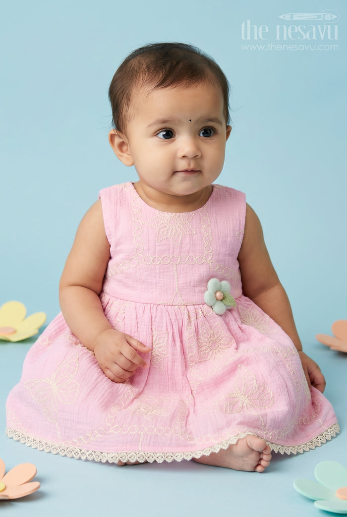 The Nesavu Baby Cotton Frocks Baby Girl Party Frock for Playful Outings and Celebrations Nesavu 14 (6M) / Pink / Cotton Blend BFJ1009B-14 Nesavu Baby Girl Embroidered Frock For Playful Celebrations And Family Outings