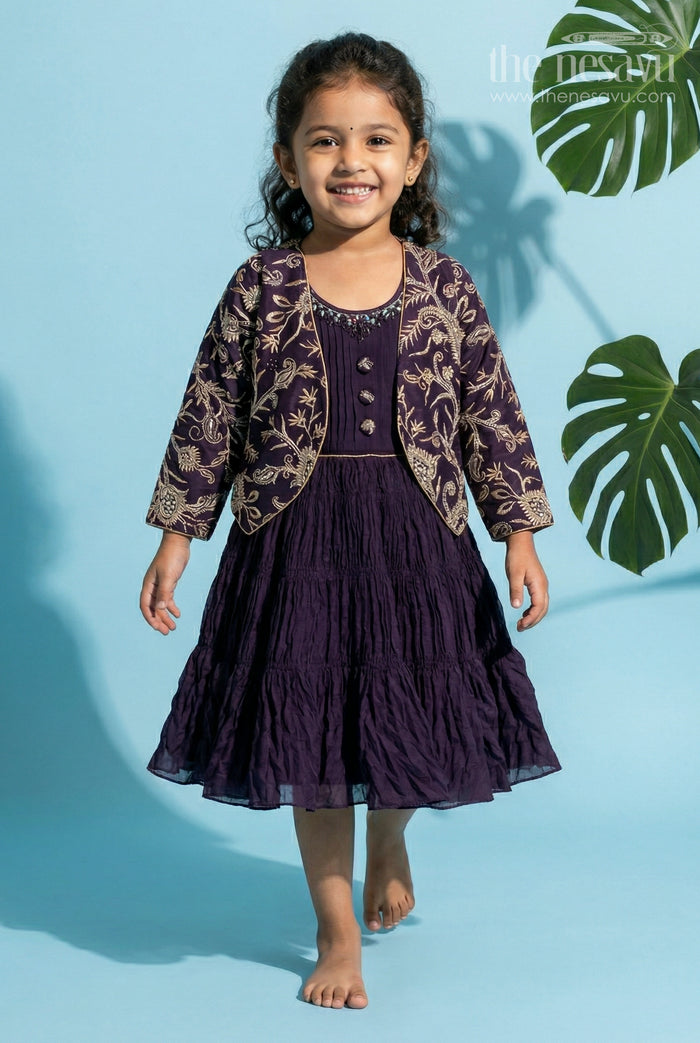 The Nesavu Silk Party Frock Baby Girl Party Frock with Jacket for Birthdays and Celebrations Nesavu 18 (2Y) / Purple / Georgette SF1150A-18 Nesavu Baby Girl Party Frock With Embroidered Jacket In Silk And Georgette For Birthdays And Festive Wear