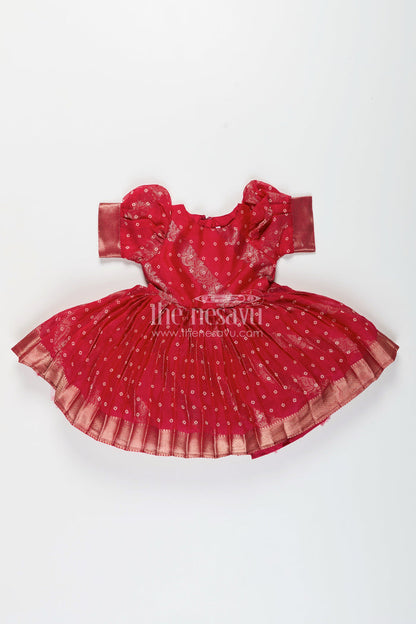 The Nesavu Girls Fancy Party Frock Baby Girl Party Frock with Jacquard Border for Festive Celebrations Nesavu 18 (2Y) / Red SF1056A-18 Nesavu baby girl georgette jacquard party frock zari border festive occasions