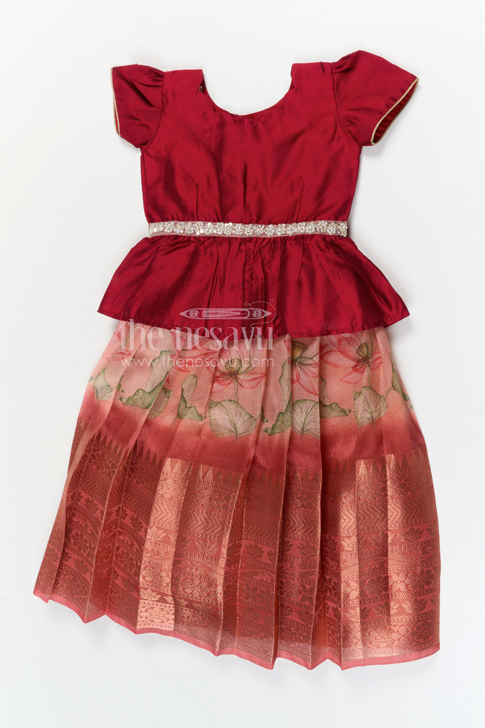 The Nesavu Pattu Pavadai Baby Girl Pattu Pavadai for Festival Celebrations and Wedding Nesavu 20 (3Y) / Red / Banarasi GPP377A-20 Nesavu baby girl pattu pavadai for weddings and festive celebrations with semi banaras silk and rich border design