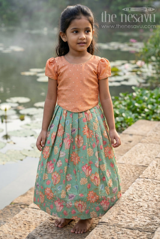 The Nesavu Pattu Pavadai Baby Girl Pattu Pavadai for Festive Celebrations and Family Functions Nesavu 18 (2Y) / Orange / Semi Banarasi GPP394A-18 Nesavu Baby Girl Pattu Pavadai For Festive Occasions With Floral Skirt And Sequence Embroidery