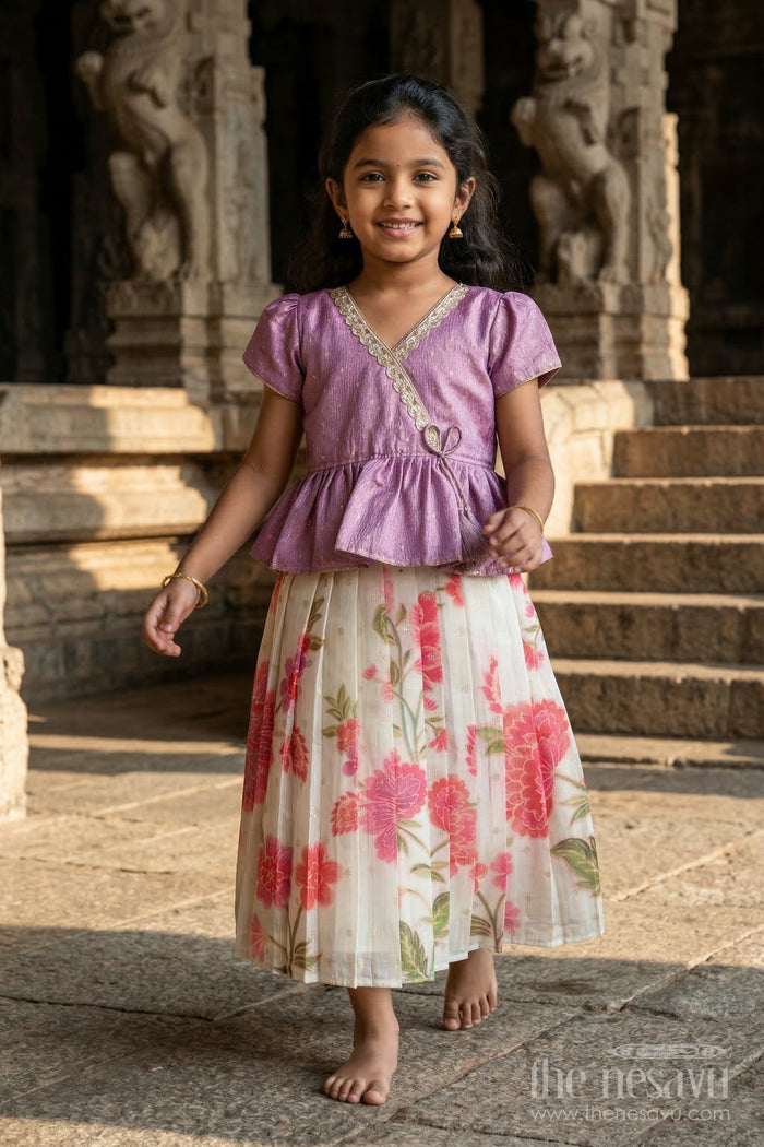The Nesavu Pattu Pavadai Baby Girl Pattu Pavadai for Festive Occasions and Family Weddings Nesavu 18 (2Y) / Half white / Banarasi GPP370A-18 Nesavu Baby Girl Pattu Pavadai Semi Banaras Silk Dress For Weddings And Festivals