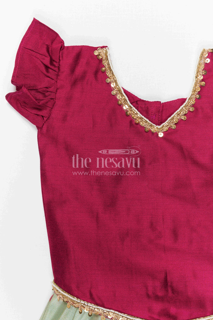 The Nesavu Pattu Pavadai Baby Girl Pattu Pavadai for Small Functions and Festive Wear Nesavu 18 (2Y) / Green / Semi Banarasi GPP389B-18 Nesavu Baby Girl Pattu Pavadai For Small Functions Semi Banaras Silk With Digital Print Ethnic Outfit