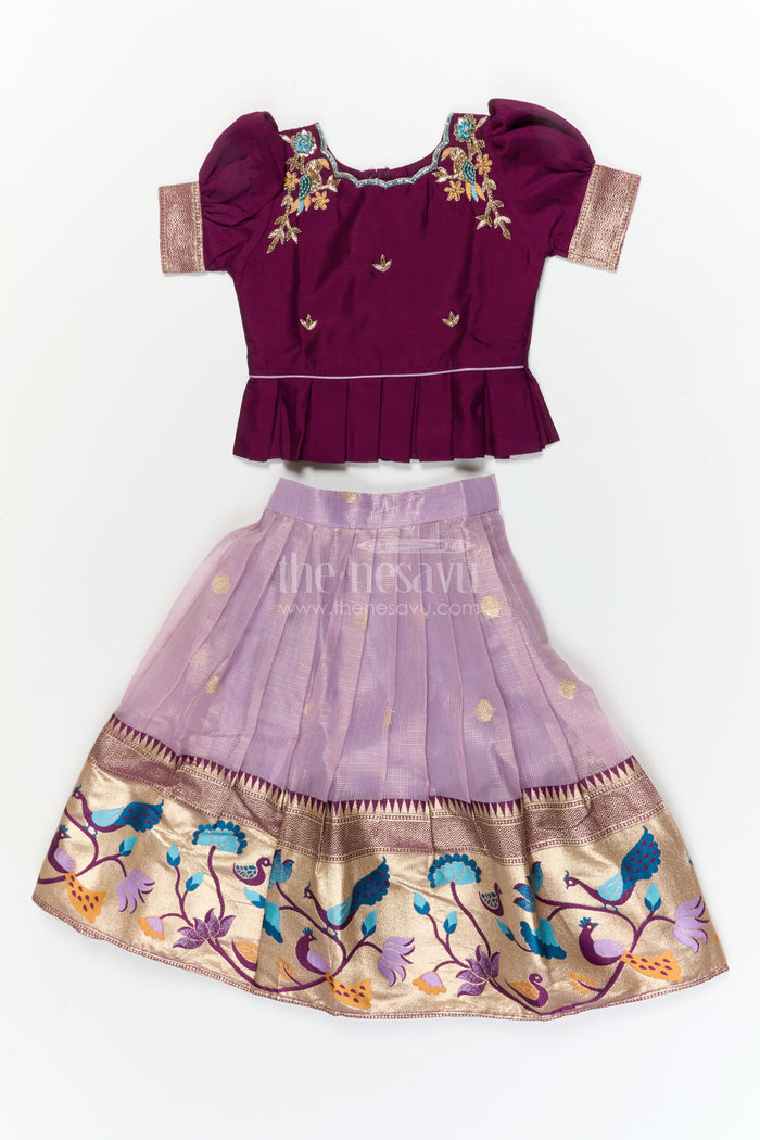The Nesavu Pattu Pavadai Baby Girl Pattu Pavadai for Temple Visits and Traditional Festivals Nesavu 16 (1Y) / Red / Silk Blend GPP367C-16 Nesavu baby girl pattu pavadai with zari border and embroidered blouse for temple and festive occasions