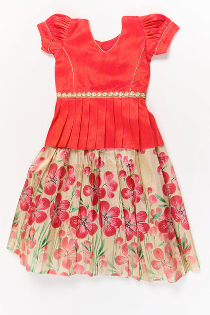 The Nesavu Pattu Pavadai Baby Girl Pattu Pavadai for Weddings and Festive Celebrations Nesavu 18 (2Y) / Red / Silk Blend GPP356A-18 Nesavu baby girl pattu pavadai with floral digital print skirt and pleated puff sleeve blouse