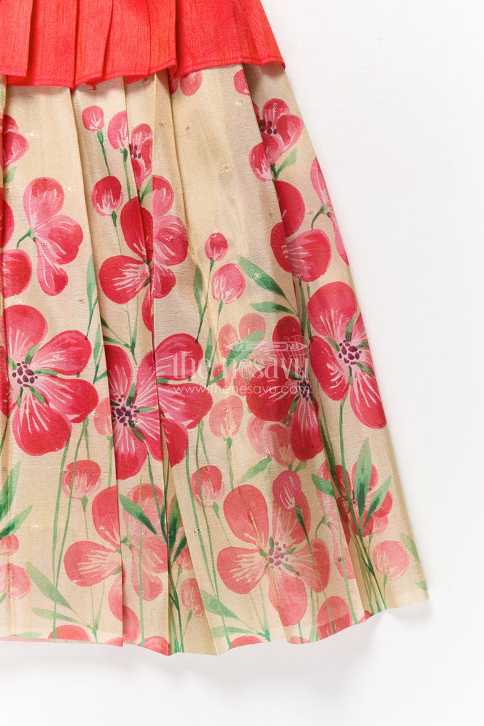 The Nesavu Pattu Pavadai Baby Girl Pattu Pavadai for Weddings and Festive Celebrations Nesavu Nesavu baby girl pattu pavadai with floral digital print skirt and pleated puff sleeve blouse