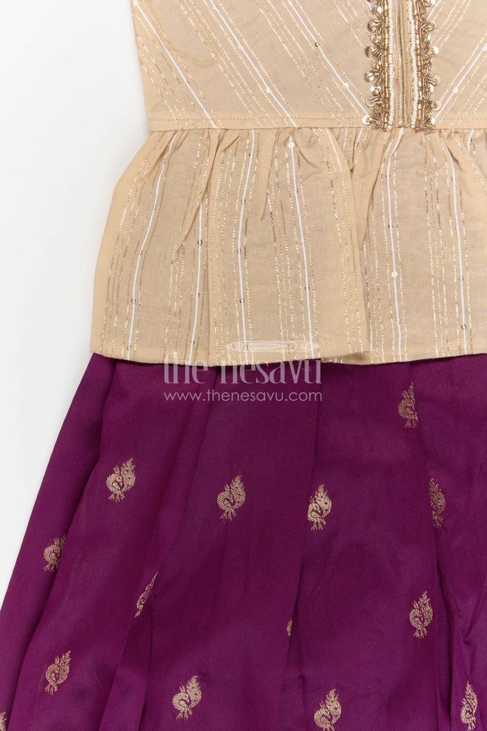 The Nesavu Pattu Pavadai Baby Girl Pattu Pavadai for Weddings and Festive Occasions Nesavu 18 (2Y) / Purple / Banarasi GPP371B-18 Nesavu baby girl Banaras art silk pattu pavadai for weddings and festive occasions with zari border