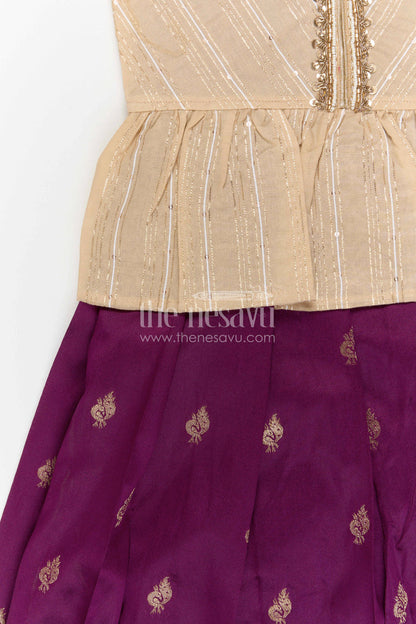 The Nesavu Pattu Pavadai Baby Girl Pattu Pavadai for Weddings and Festive Occasions Nesavu 18 (2Y) / Purple / Banarasi GPP371B-18 Nesavu baby girl Banaras art silk pattu pavadai for weddings and festive occasions with zari border