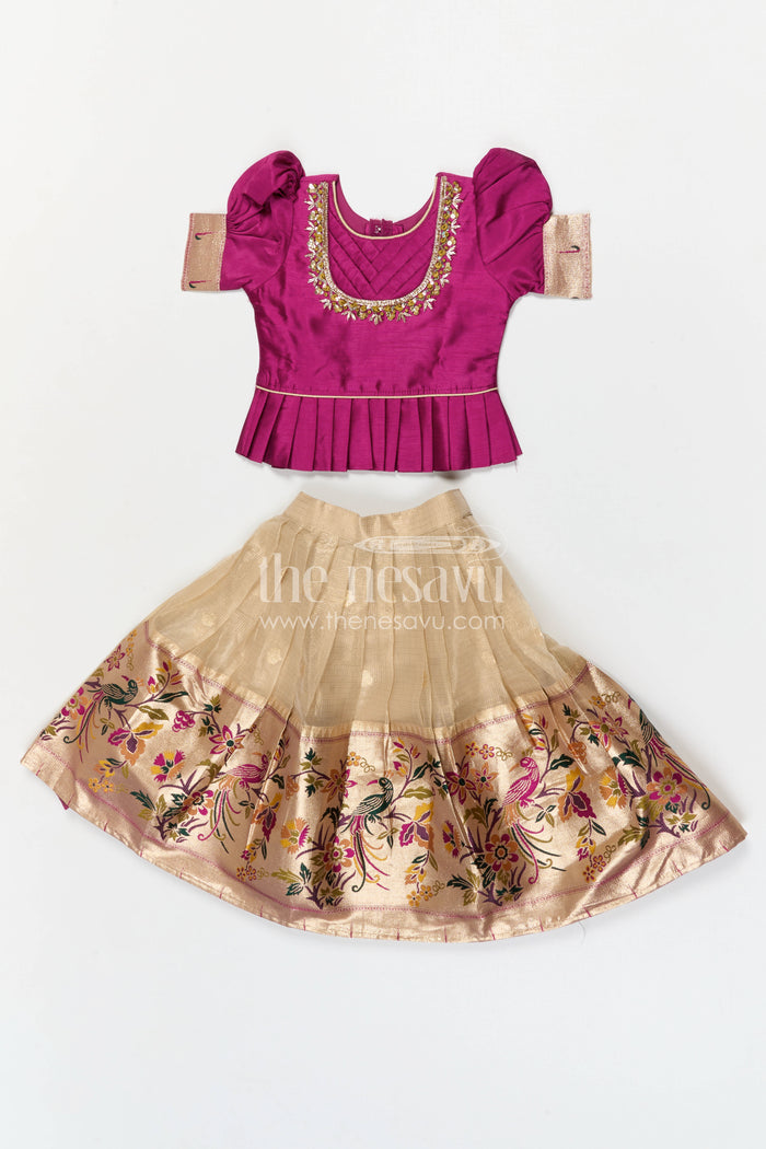 The Nesavu Pattu Pavadai Baby Girl Pattu Pavadai Set for Festivals and Traditional Celebrations Nesavu 16 (1Y) / Purple / Silk Blend GPP375A-16 Nesavu baby girl pattu pavadai set for festivals and weddings with tissue skirt design